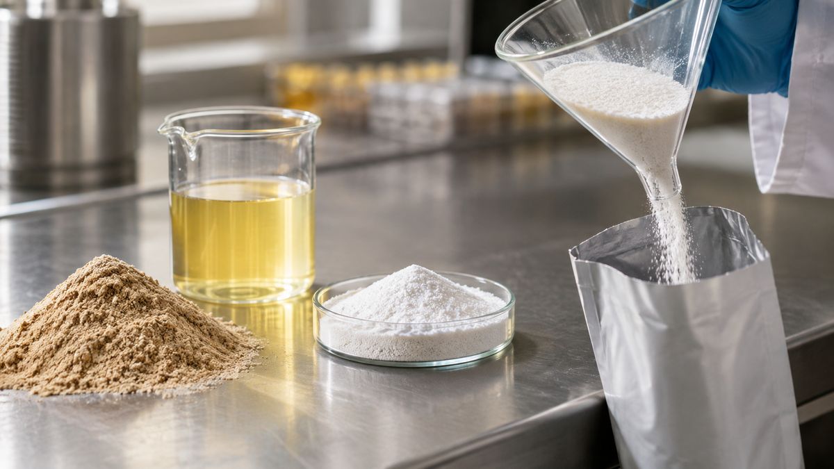 Vitamin premix powder, a beaker of liquid vitamin and white silica carrier on a stainless bench, with silica powder running freely through a funnel into a sample bag