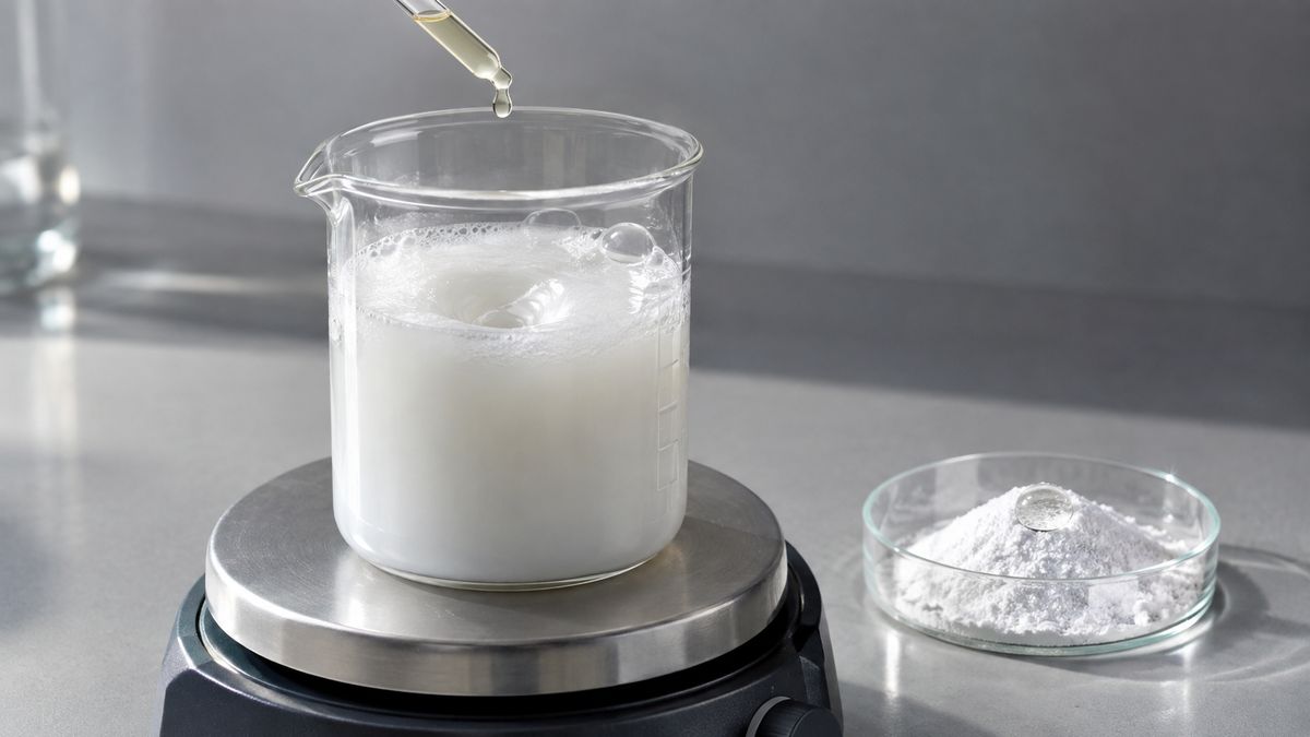 Foam collapsing on a white emulsion in a beaker on a magnetic stirrer as a drop of defoamer is added, with a dish of hydrophobic silica beading water