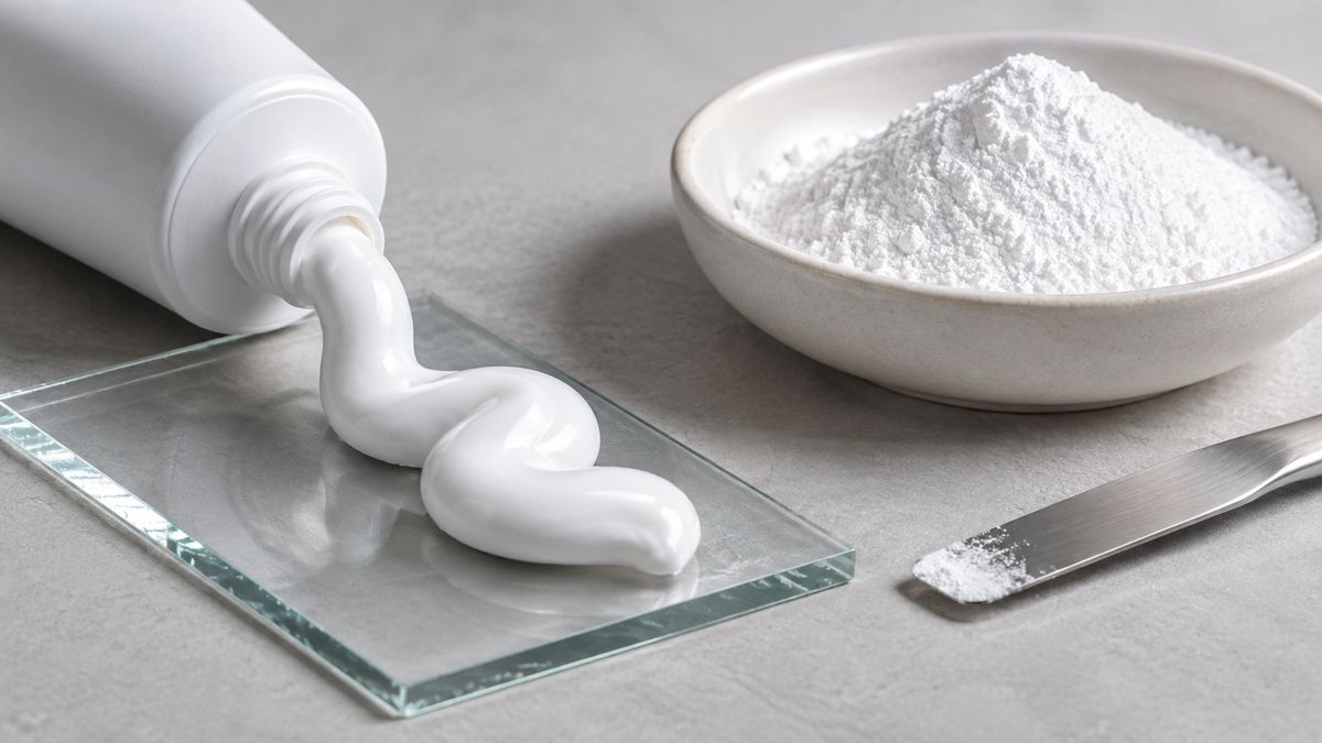 White toothpaste extruded onto a glass slide beside a dish of very fine white silica powder and a spatula