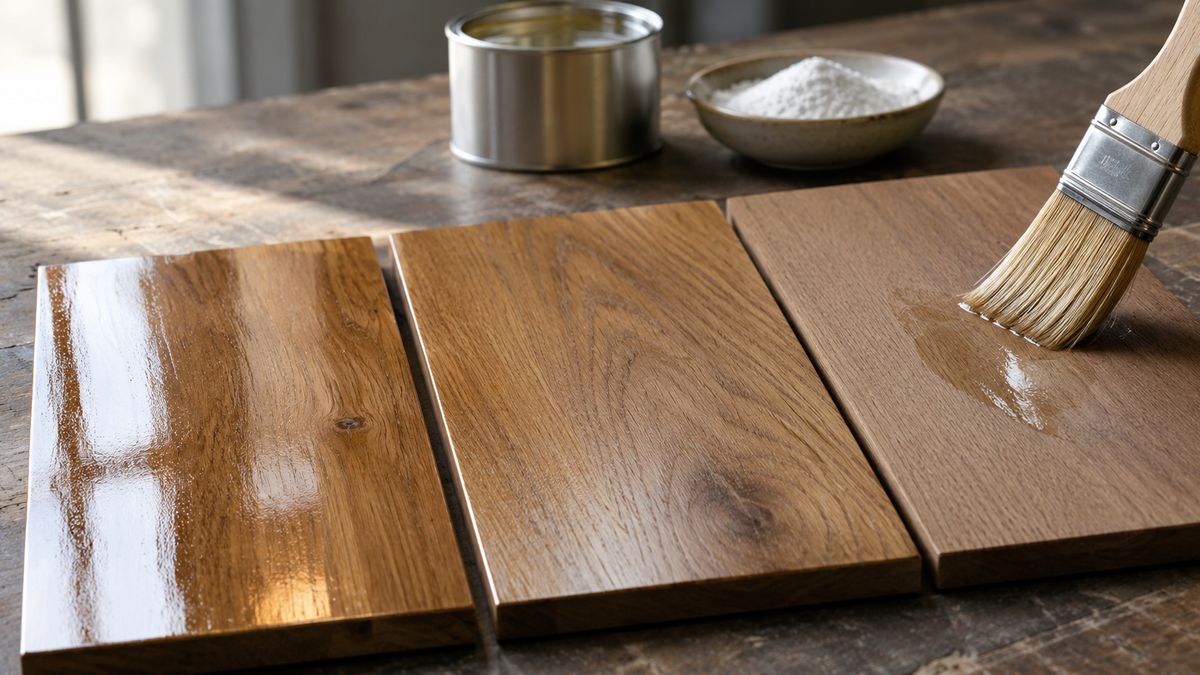 Three oak panels from high gloss to deep matt, clear varnish being brushed on, with a tin of lacquer and a dish of matting silica