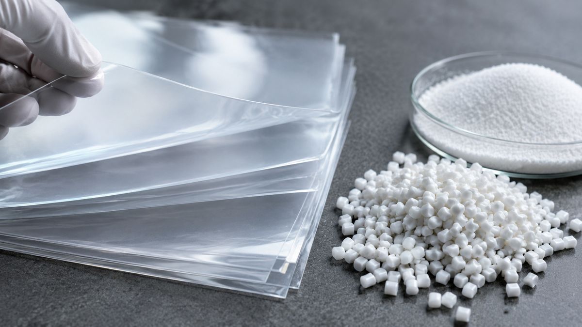 Clear polyethylene film sheets held apart by a gloved hand beside white masterbatch pellets and a dish of silica granules