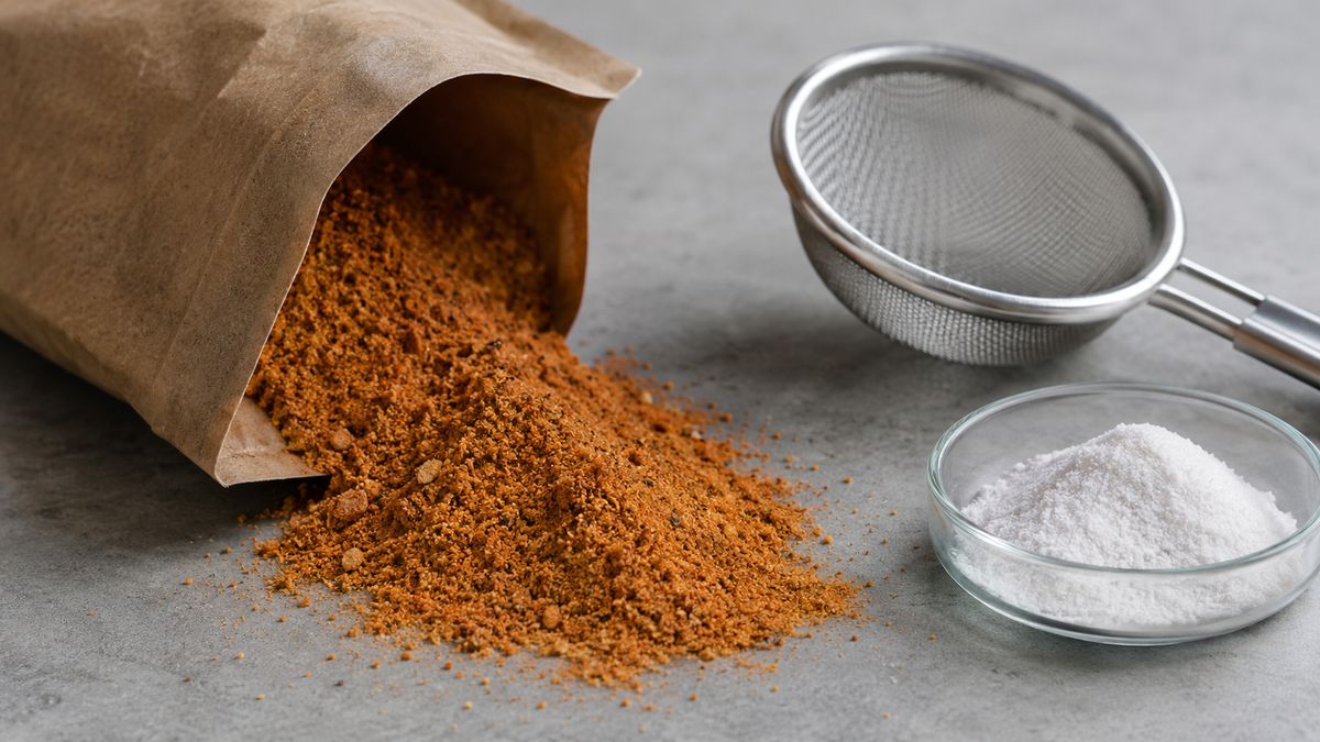 Seasoning powder flowing loosely from a kraft pouch beside a sieve and a dish of fine white porous silica
