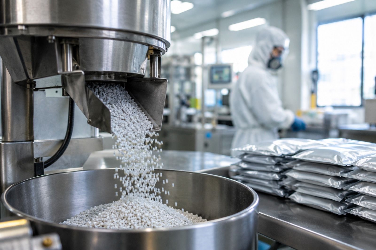 Water-dispersible granules discharging from a granulator beside stacked foil sachets in an agrochemical formulation plant
