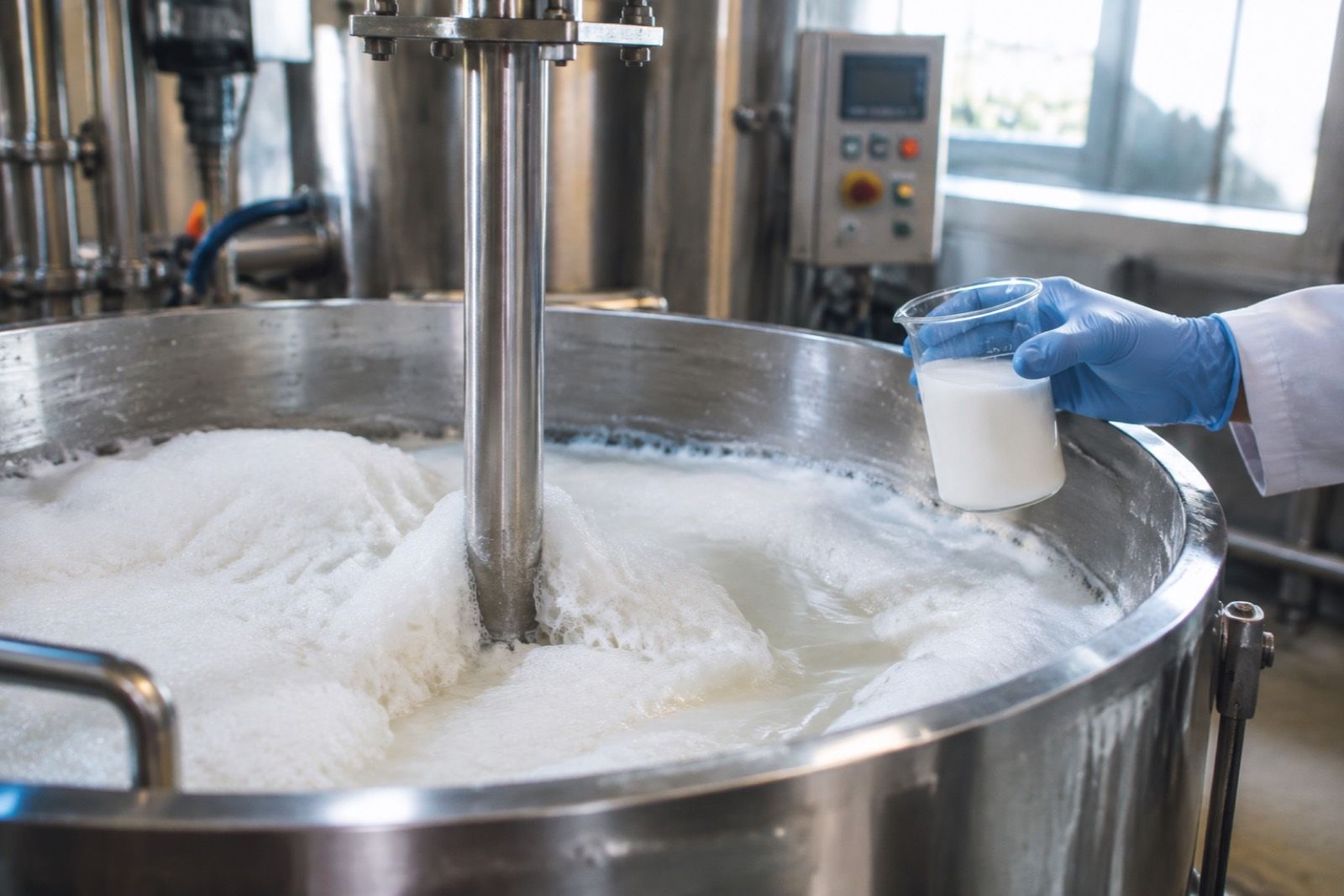 Foam collapsing on an agitated white emulsion in a stainless mixing tank, with a sample beaker at the rim