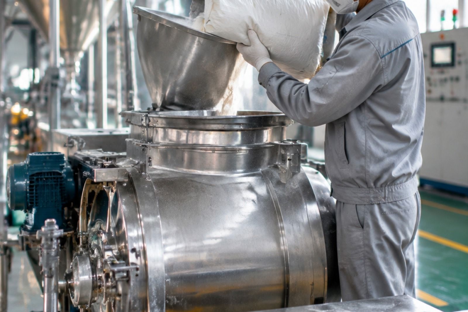 Operator charging a silica flow aid into a ribbon blender on a feed premix line, with feed pellets in a sample tray