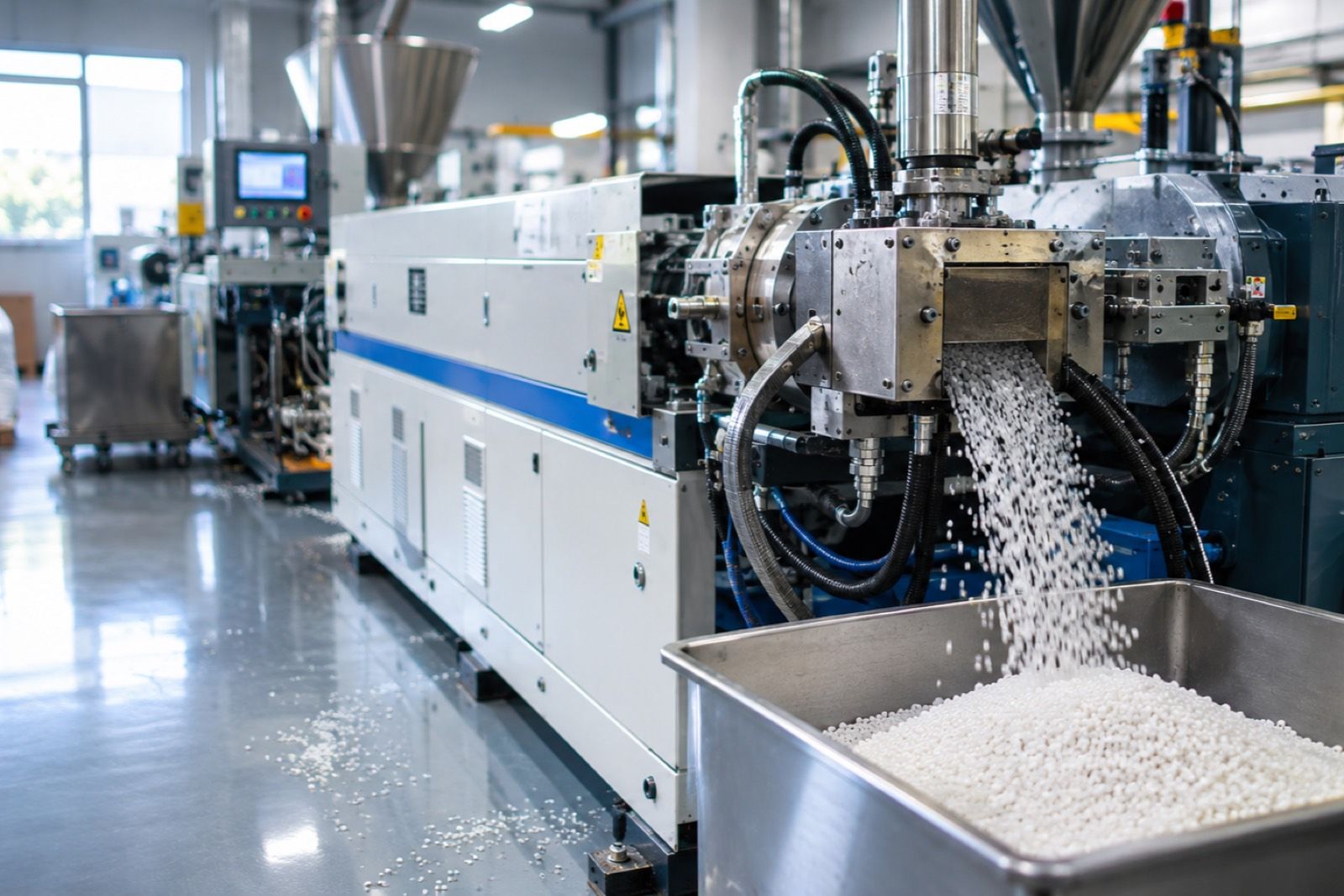 White masterbatch pellets discharging from a twin-screw extruder pelletiser into a collection tray